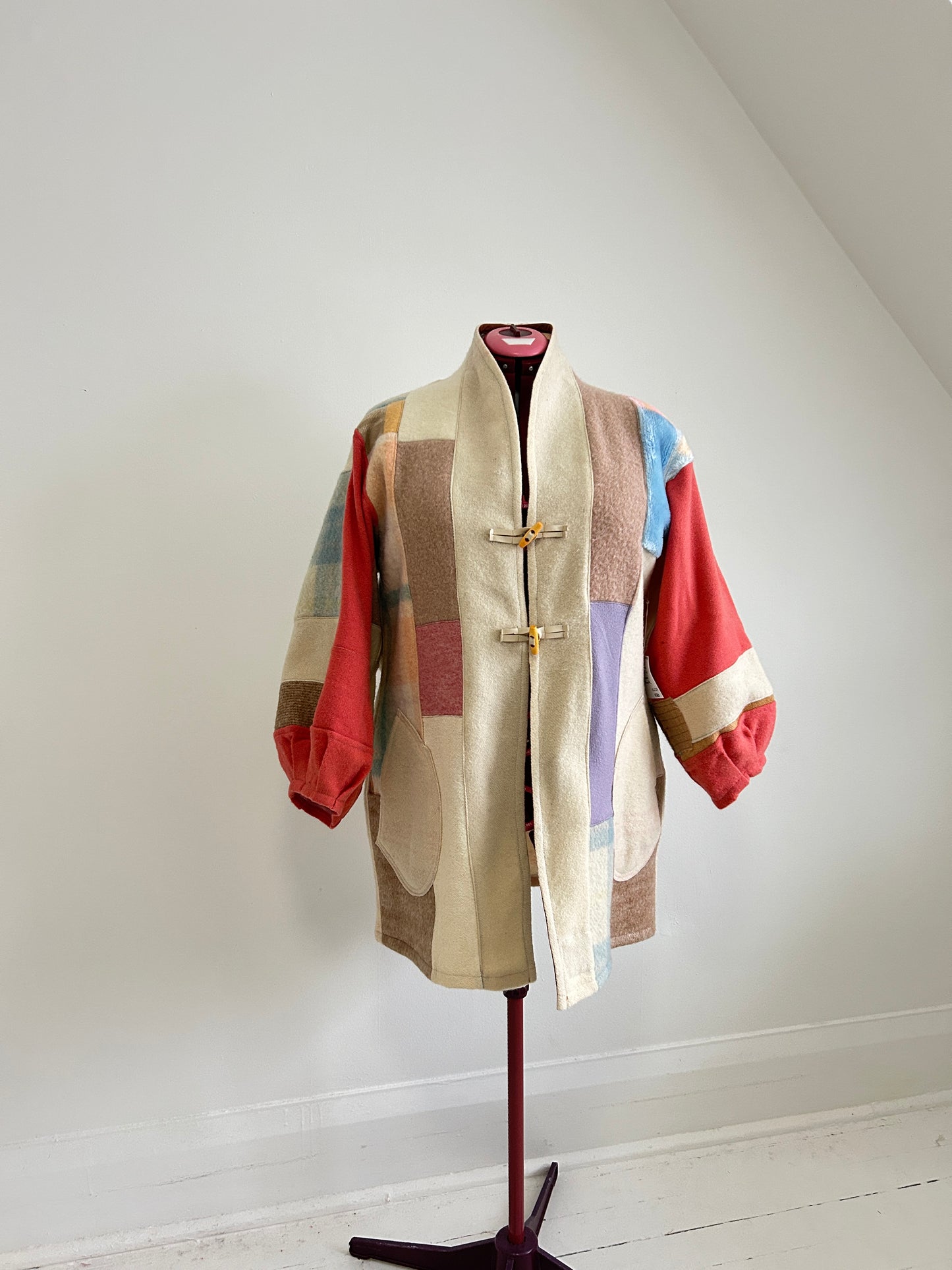 Vivianne Jacket with Upcycled Vintage Wool Patchworked Blanket & Leather & Wooden Toggles Size XL/2X #CVJWX2X31