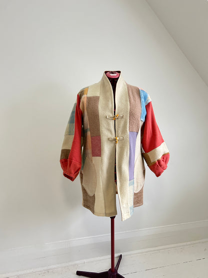 Vivianne Jacket with Upcycled Vintage Wool Patchworked Blanket & Leather & Wooden Toggles Size XL/2X #CVJWX2X31