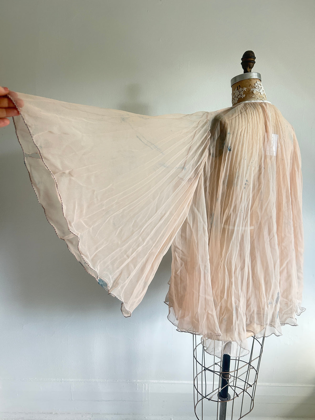 Ethereal Vintage Peachy Beige Sheer Hand dyed Pleated Top Size up to L #VIN2