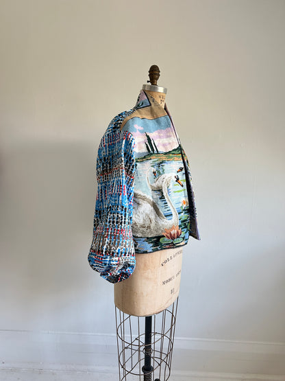 Vivianne Cropped Jacket with Vintage Needlepoint Swans Size M/L #VIVT21