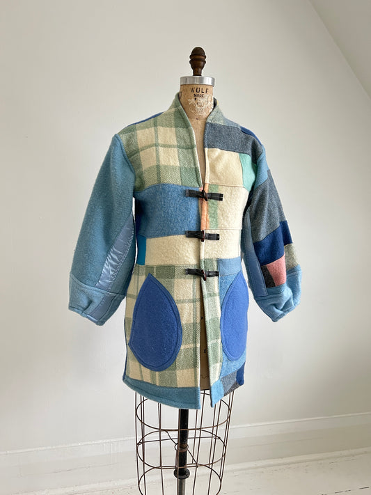 Vivianne Jacket with Upcycled Vintage Wool & Mohair Patchworked Blanket & Leather & Wooden Toggles Size XS/S #CVJWXSS36