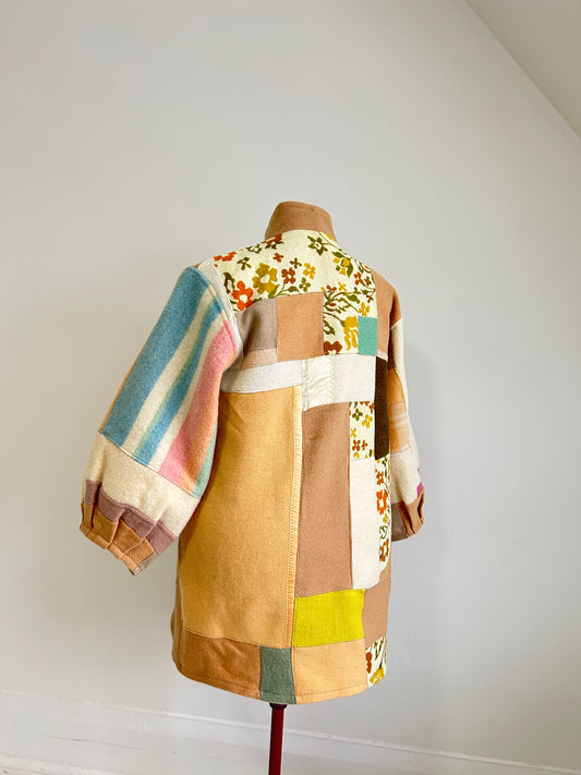 Vivianne Jacket with Upcycled Vintage Eatons Wool Patchworked Blanket & Leather & Wooden Toggles Size XL/2X #CVJWX2X29