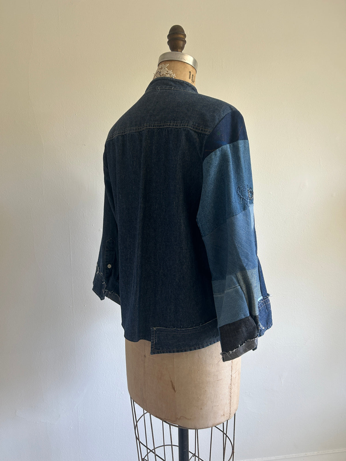 Ellis Reclaimed Patchwork Denim Shirt with Handstitching & Hand Dyed Twill Ribbon L/XL #ELL2