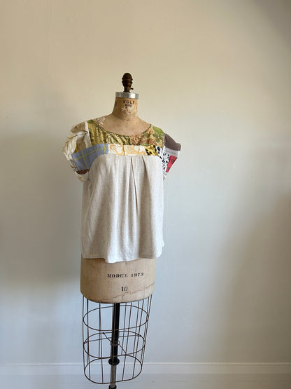 Peony Top - One of a Kind Upcycled & Vintage Cut Lace Cotton & Linen Size L #PEO16
