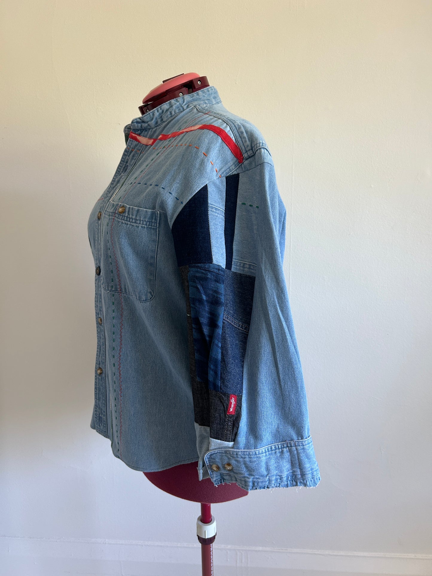 Ellis Reclaimed Patchwork Wrangler Denim Shirt with Handstitching & Hand Dyed Twill Ribbon 2X/3X #ELL6