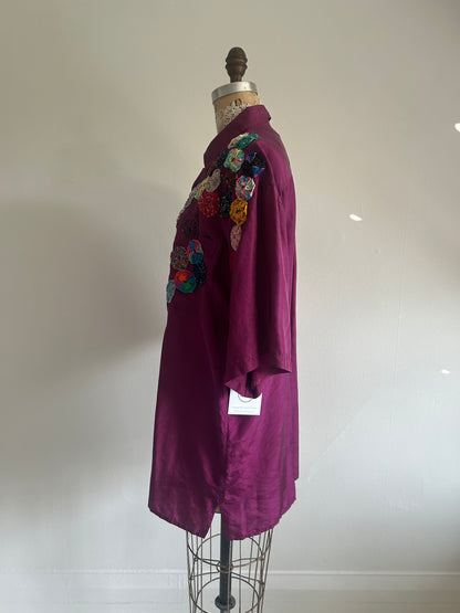 Vintage Silk Blouse with YoYo Quilt Appliqué Size XL #YOYO2