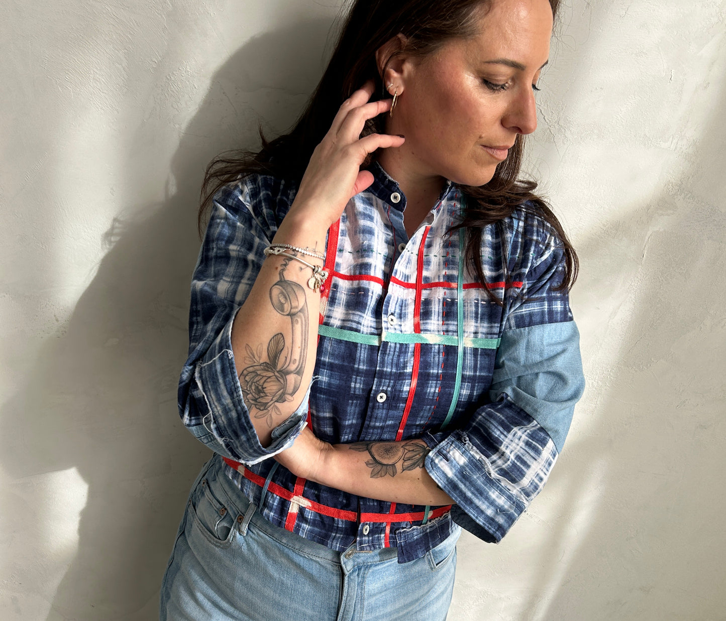 Ellis Reclaimed Patchwork Lightweight Cotton & Denim Shirt with Handstitching & Hand Dyed Twill Ribbon XL/2X #ELL5