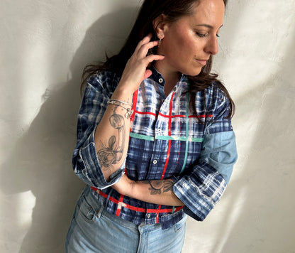 Ellis Reclaimed Patchwork Lightweight Cotton & Denim Shirt with Handstitching & Hand Dyed Twill Ribbon XL/2X #ELL5
