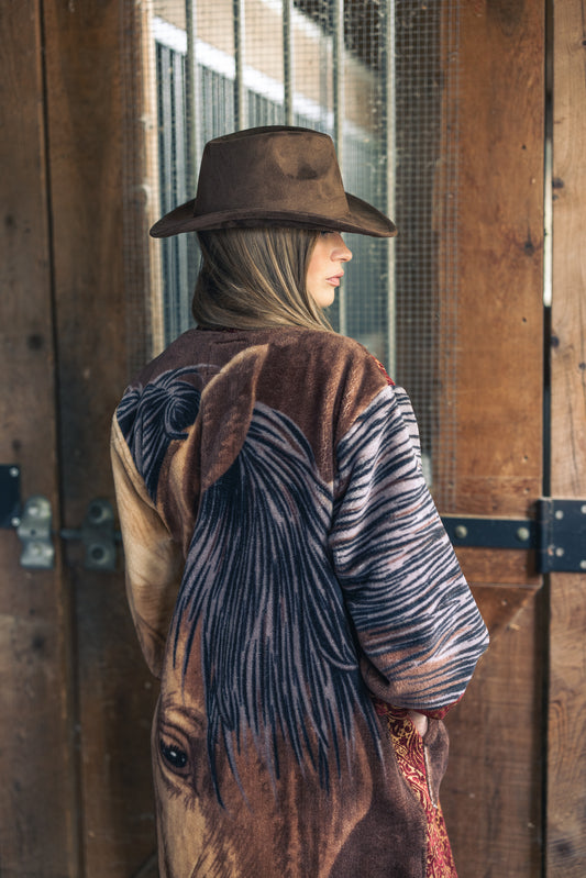 Vivianne Duster with Upcycled Fleece & Velvet Brocade Throw Blanket Horse Theme Size M/L #CVDFML5
