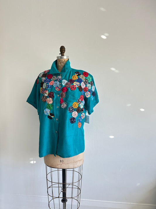 Vintage Silk Blouse with YoYo Quilt Appliqué Size L #YOYO1