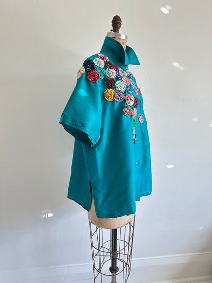 Vintage Silk Blouse with YoYo Quilt Appliqué Size L #YOYO1