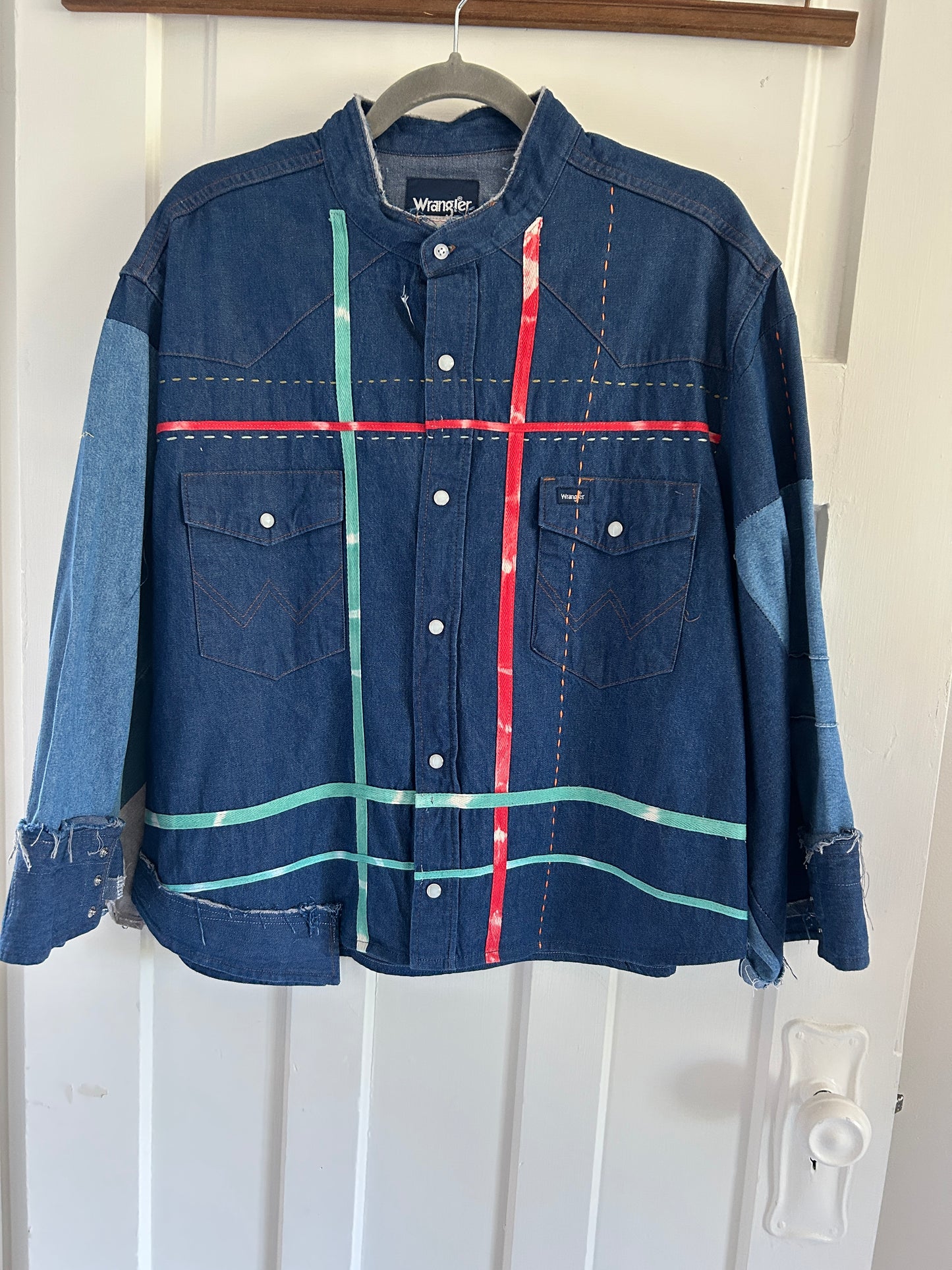 Ellis Reclaimed Patchwork Wrangler Denim Shirt with Handstitching & Hand Dyed Twill Ribbon 2X/3X #ELL8
