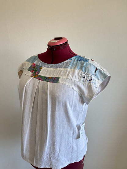 Peony Top - One of a Kind Upcycled & Vintage Textiles, Hand Dyed, Embroidered Cotton & Linen Size XL #PEO14