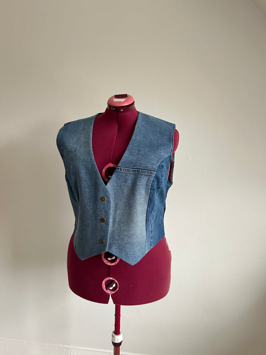 Leni Reclaimed Patchwork Denim Vest with Cotton Lining 2X #DV23X14