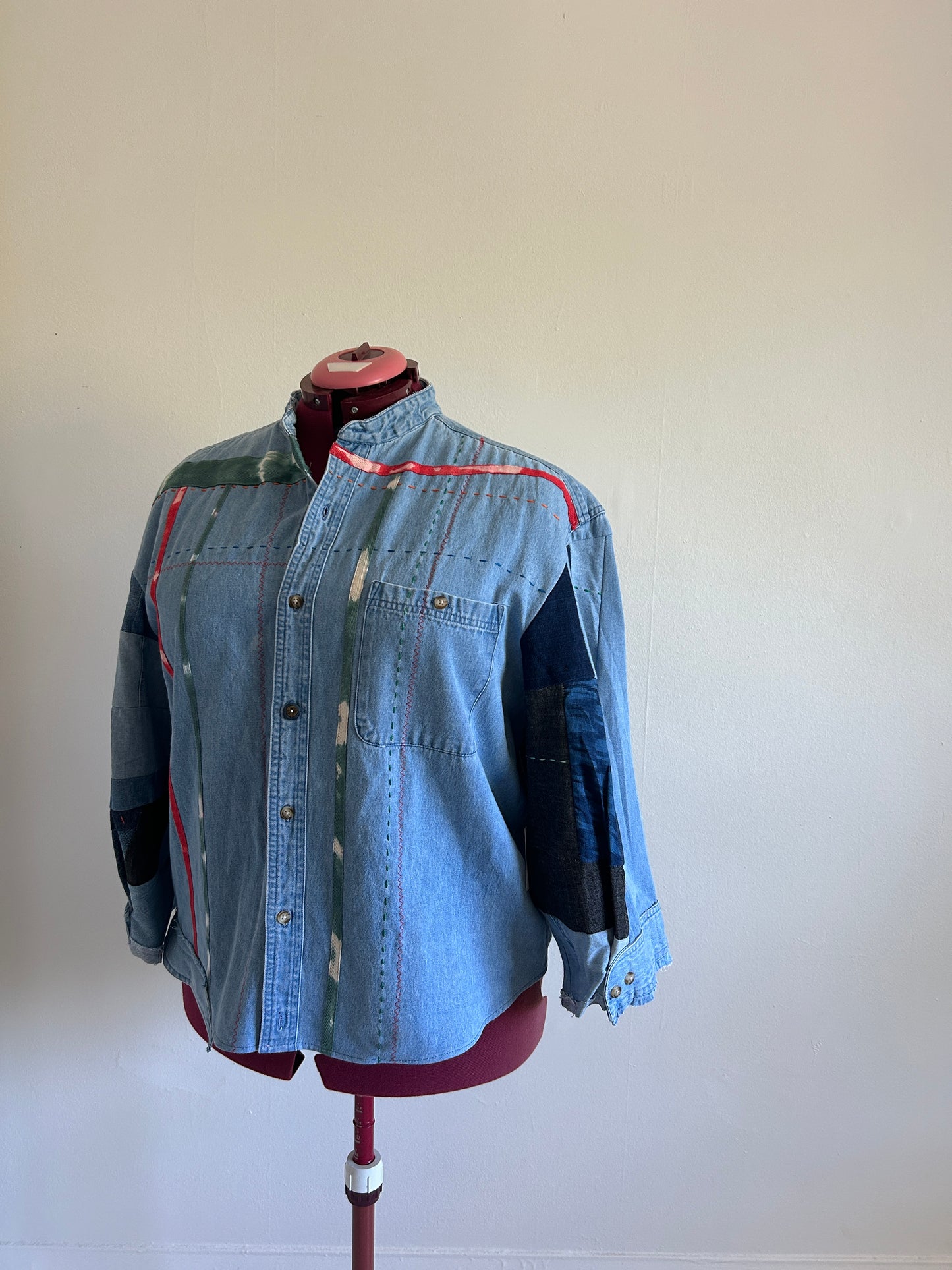 Ellis Reclaimed Patchwork Wrangler Denim Shirt with Handstitching & Hand Dyed Twill Ribbon 2X/3X #ELL6