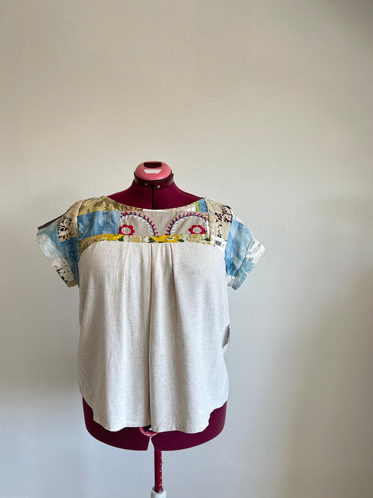 Peony Top - One of a Kind Upcycled Vintage Corded & Crochet Lace, Embroidery, Natural Hand Dyed Cotton & Linen Size 2X #PEO4