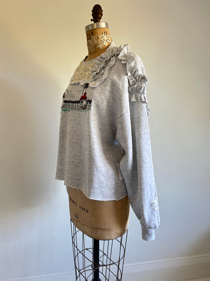 Ruffled & Lace Upcycled Needlepoint ‘90s Sweatshirt XS/S #SWRL6