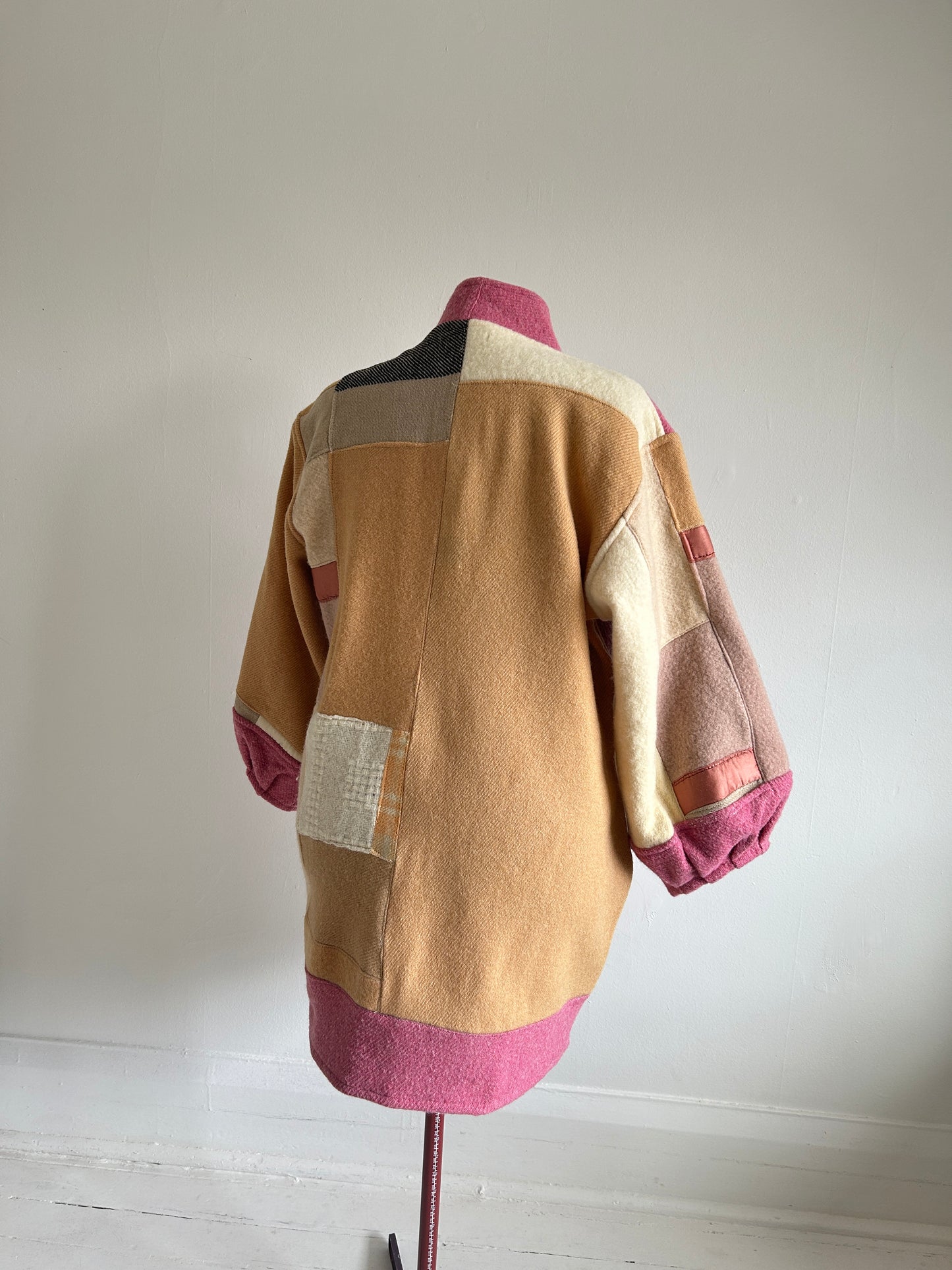 Vivianne Jacket with Upcycled Vintage Wool Patchwork & Leather & Wooden Toggles Size XL/2X #CVJWX2X56