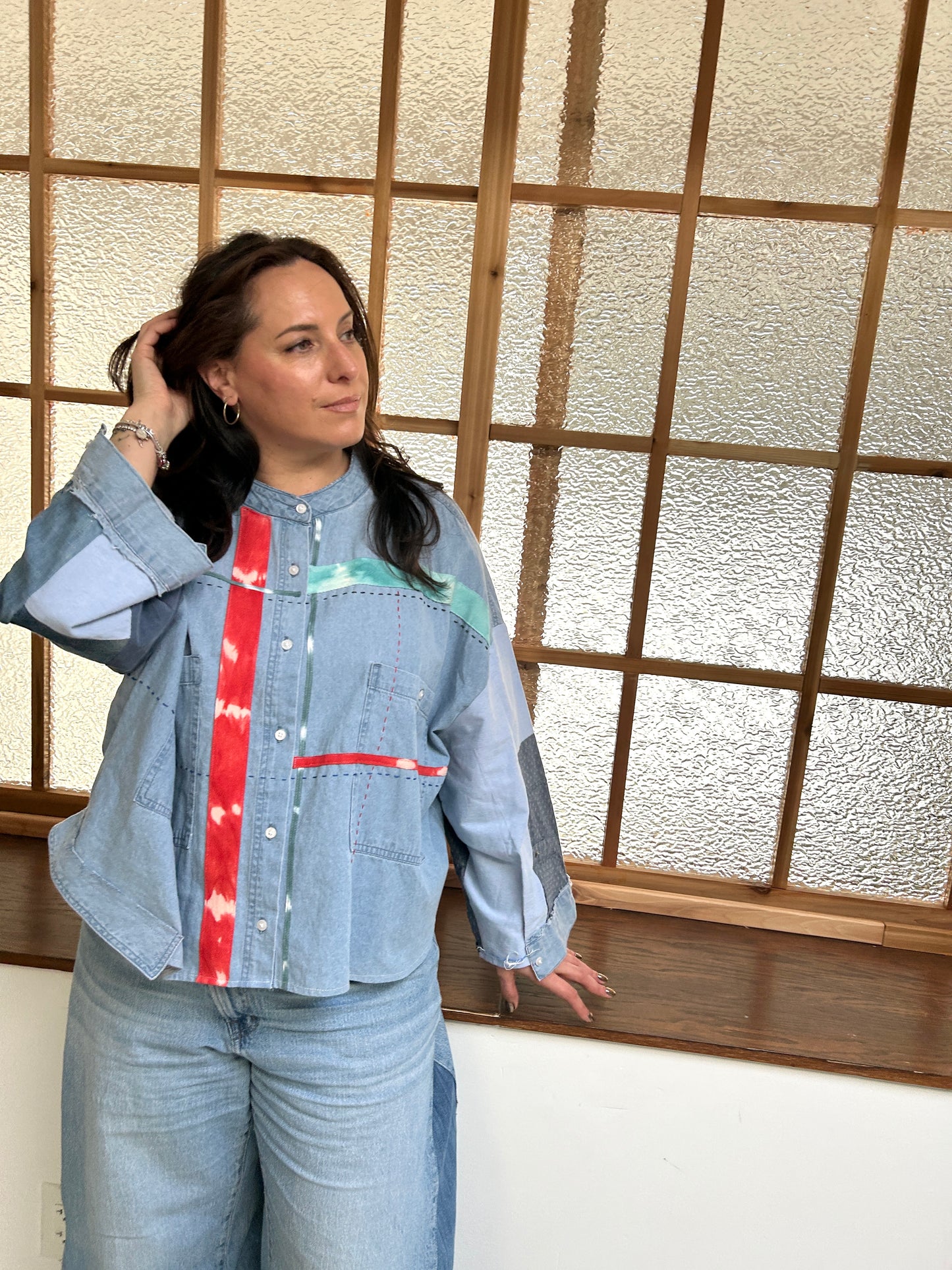Ellis Reclaimed Patchwork Wrangler Denim Shirt with Handstitching & Hand Dyed Twill Ribbon 3X/4X #ELL11