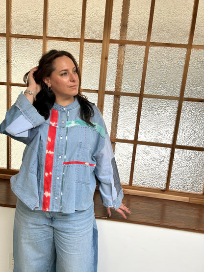 Ellis Reclaimed Patchwork Wrangler Denim Shirt with Handstitching & Hand Dyed Twill Ribbon 3X/4X #ELL11