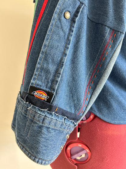 Ellis Reclaimed Patchwork Dickies Denim Shirt with Handstitching & Hand Dyed Twill Ribbon XL/2X #ELL10