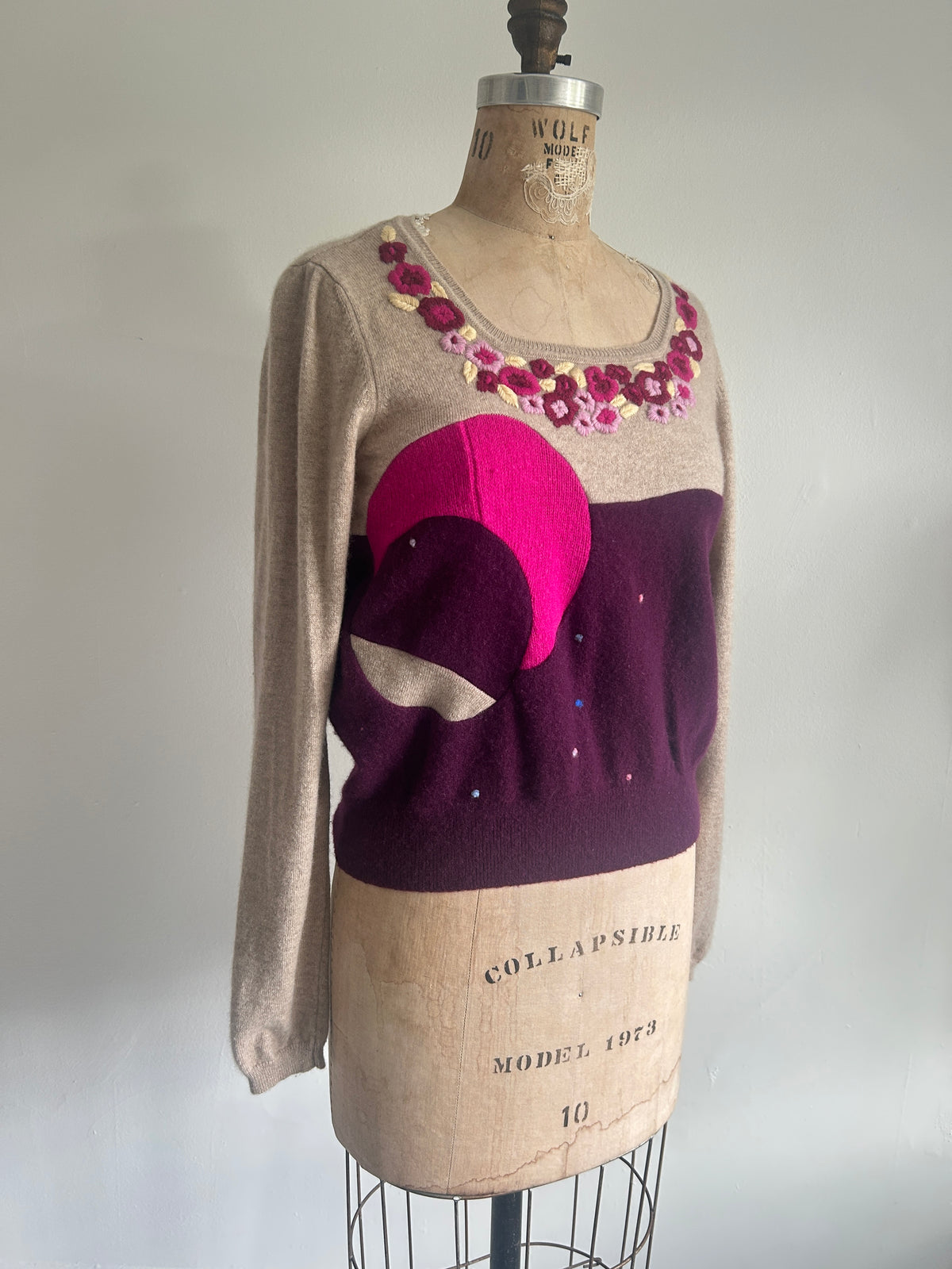 Needlefelted, Embroidered and Circle Patched Confetti Cashmere Sweater XL/2X #CASHSM2