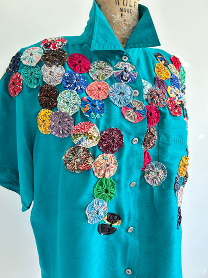 Vintage Silk Blouse with YoYo Quilt Appliqué Size L #YOYO1