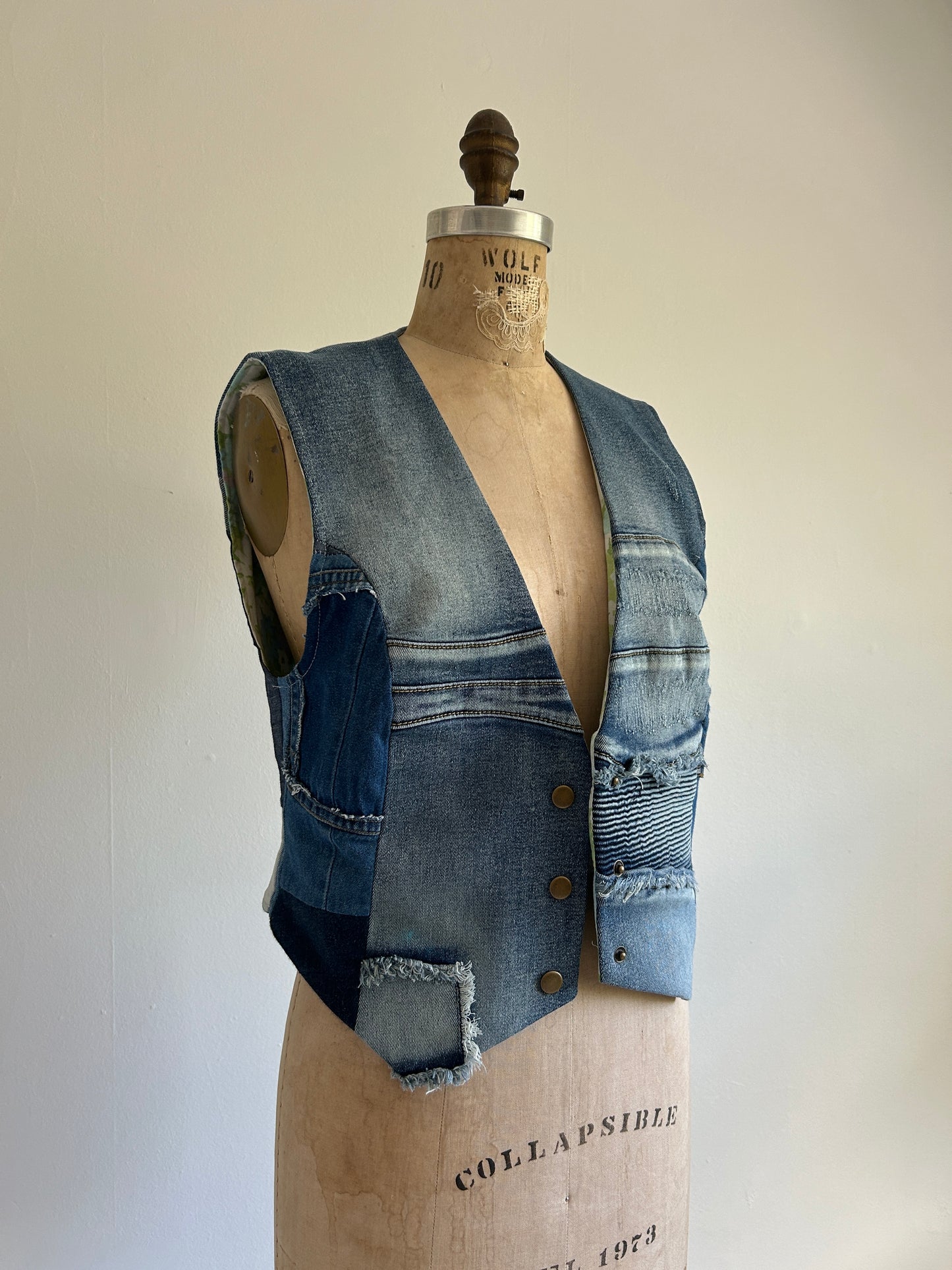 Leni Reclaimed Patchwork Denim Vest with Cotton Lining S/M #LENI4