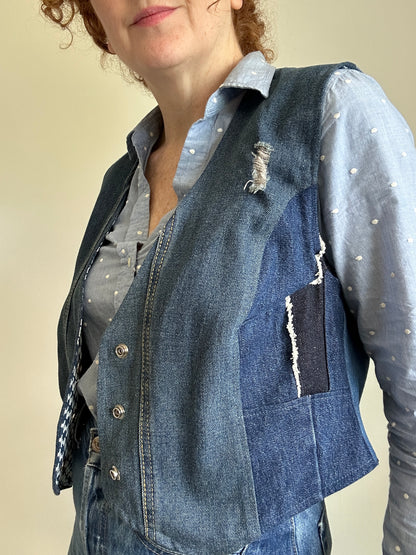 Leni Reclaimed Patchwork Denim Vest with Cotton Lining M/L #LENI7