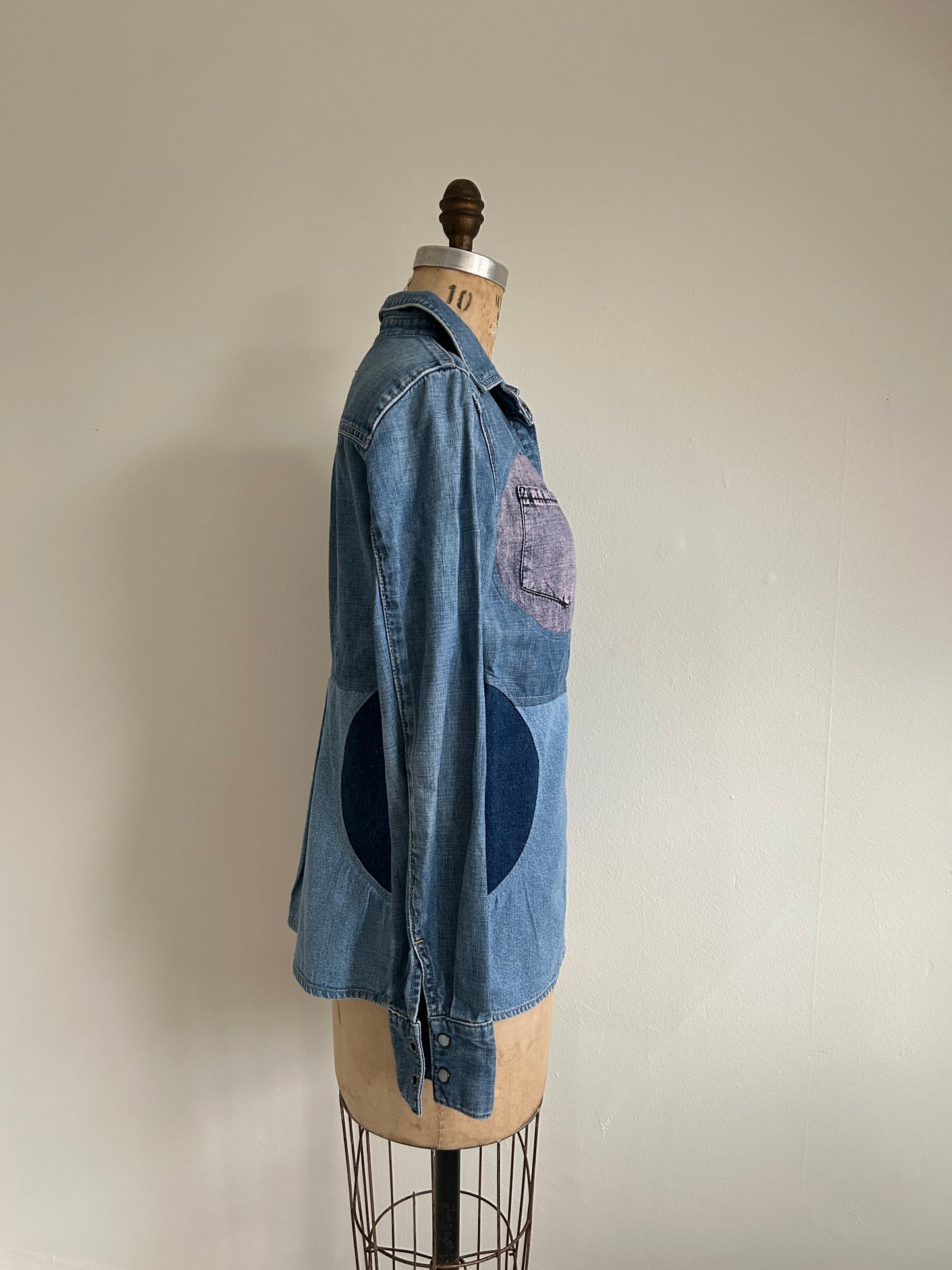Upcycled Modern Workwear Denim Shirt - Circle Series Size S/M #DBSM5