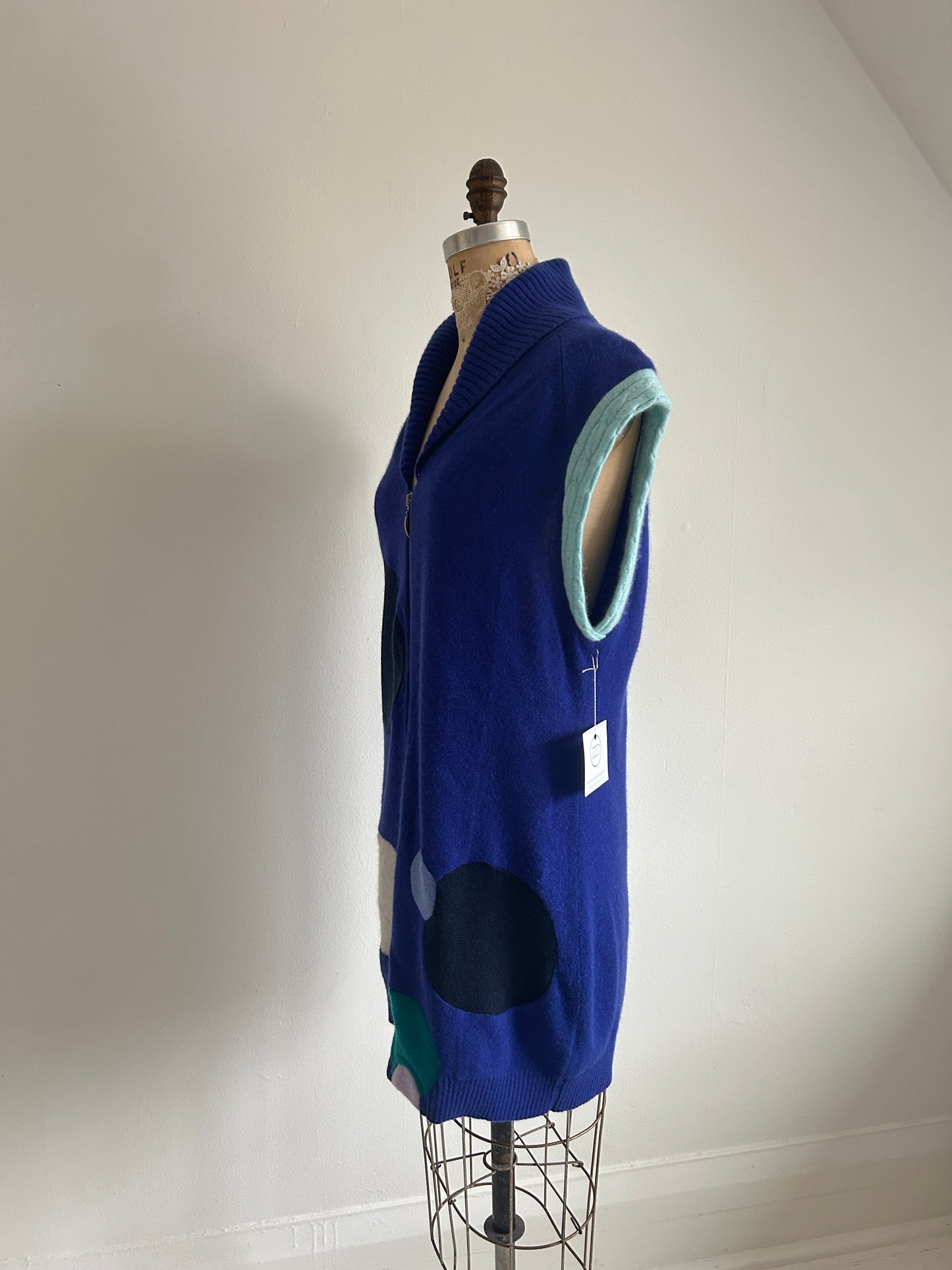 Abstract Art Patched Upcycled 2 Way Zipup Cashmere Vest Size L/XL #CAVLXL33