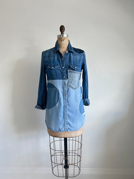 Upcycled Modern Workwear Denim Shirt - Circle Series Size XS/S #DEN2