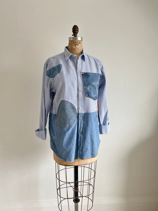 Upcycled Modern Workwear Cotton & Denim Shirt - Circle Series Size M/L #DEN17