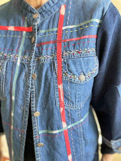 Ellis Reclaimed Patchwork Denim Shirt with Handstitching & Hand Dyed Twill Ribbon S/M #ELL16