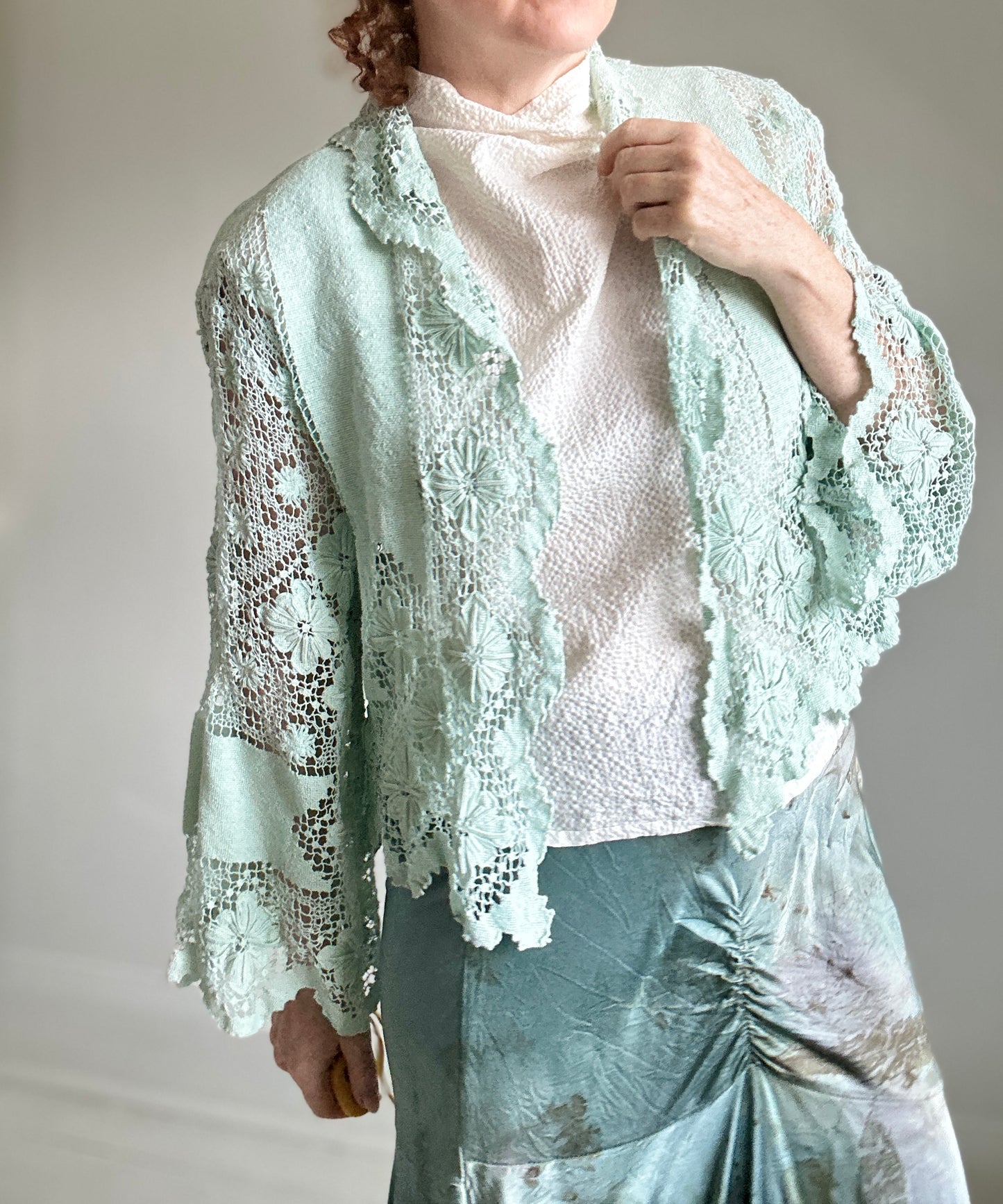 Vivianne Cropped Jacket Upcycled  Vintage Cotton Crochet Size S/M #VIVCR12