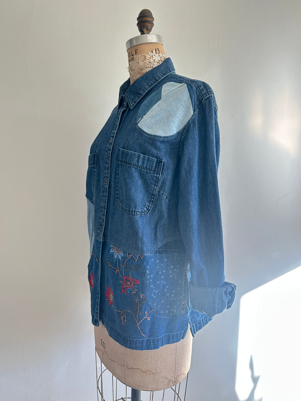 Upcycled Modern Workwear Denim Shirt - Circle Series Size L/XL #DENLXL1