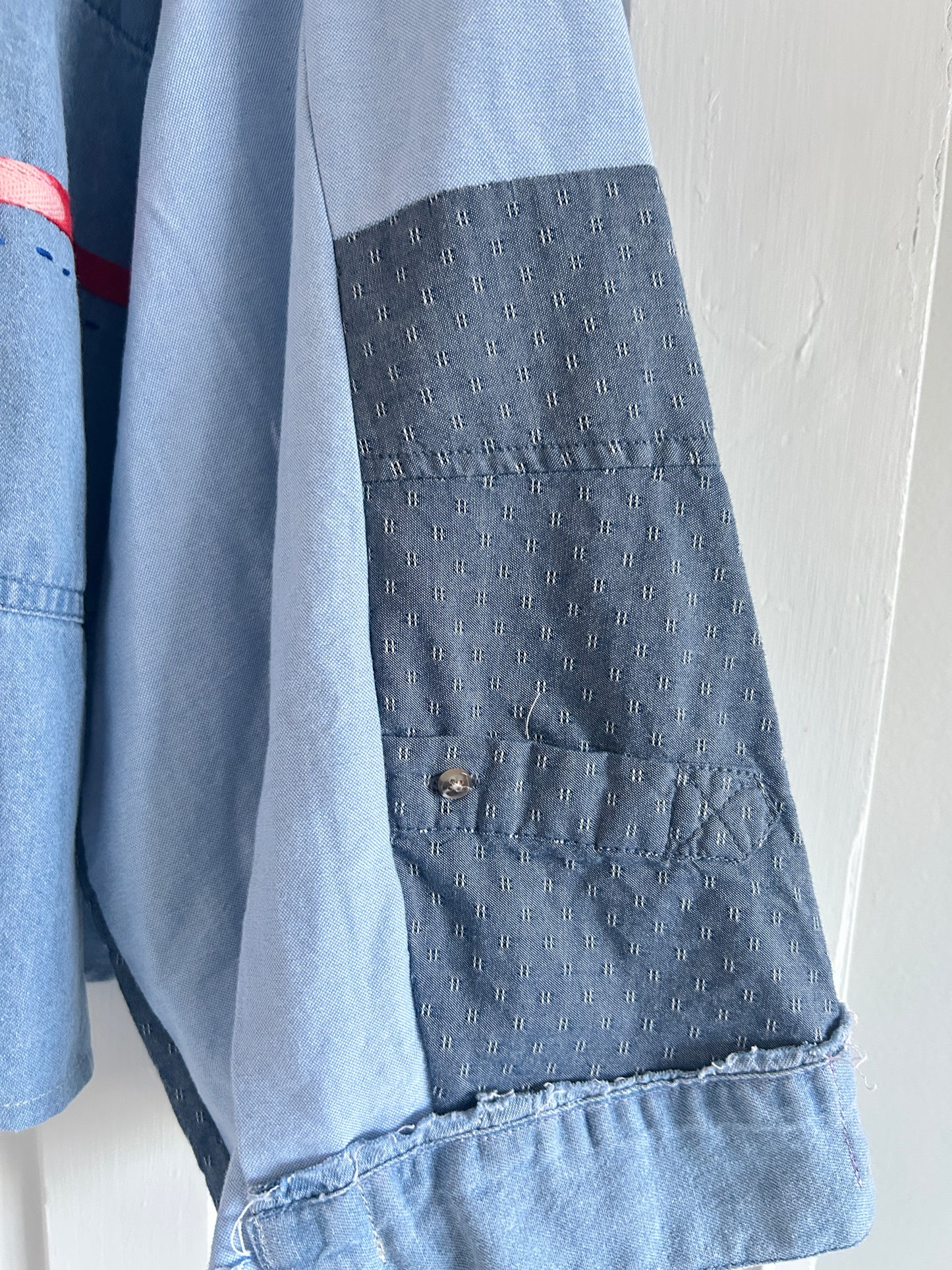 Ellis Reclaimed Patchwork Wrangler Denim Shirt with Handstitching & Hand Dyed Twill Ribbon 3X/4X #ELL11