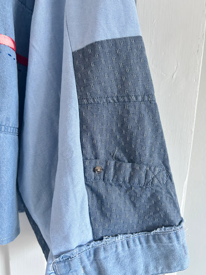 Ellis Reclaimed Patchwork Wrangler Denim Shirt with Handstitching & Hand Dyed Twill Ribbon 3X/4X #ELL11