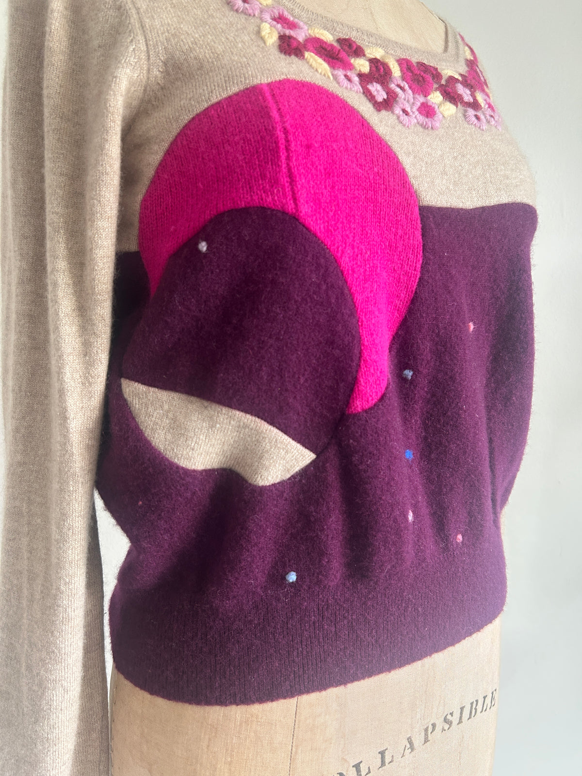 Needlefelted, Embroidered and Circle Patched Confetti Cashmere Sweater XL/2X #CASHSM2