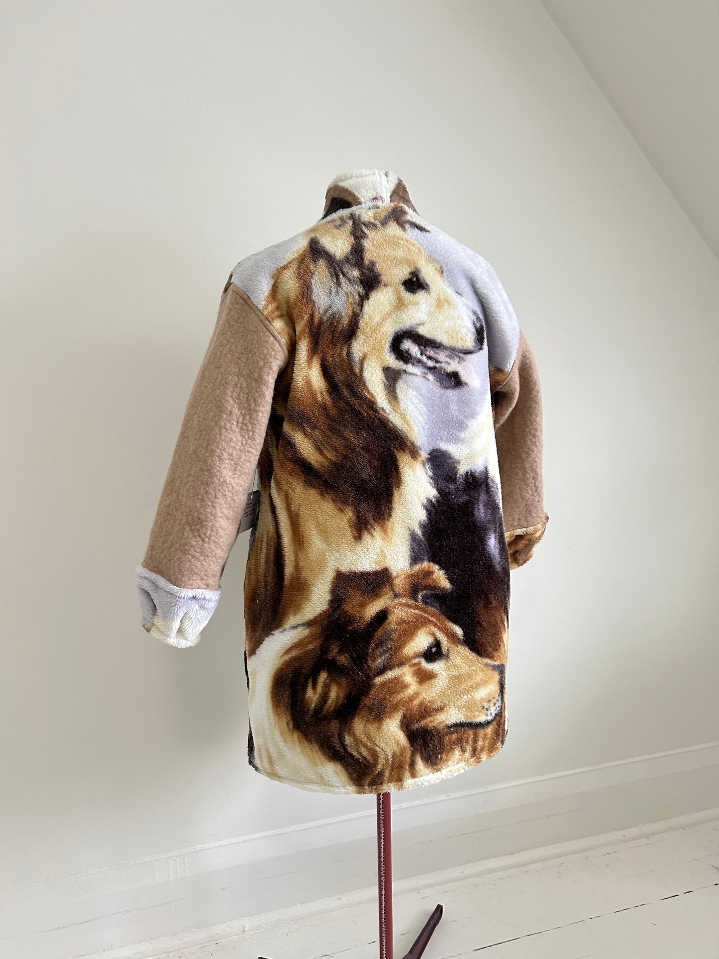 Vivianne Jacket with Upcycled Vintage & Fleece Wool Blanket & Leather & Wooden Toggles Dog Theme Size XL/2X #CVJFX2X7