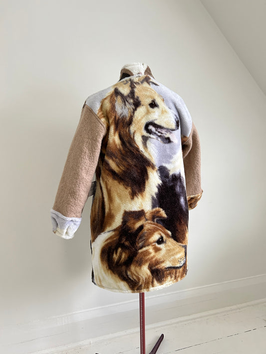 Vivianne Jacket with Upcycled Vintage & Fleece Wool Blanket & Leather & Wooden Toggles Dog Theme Size XL/2X #CVJFX2X7
