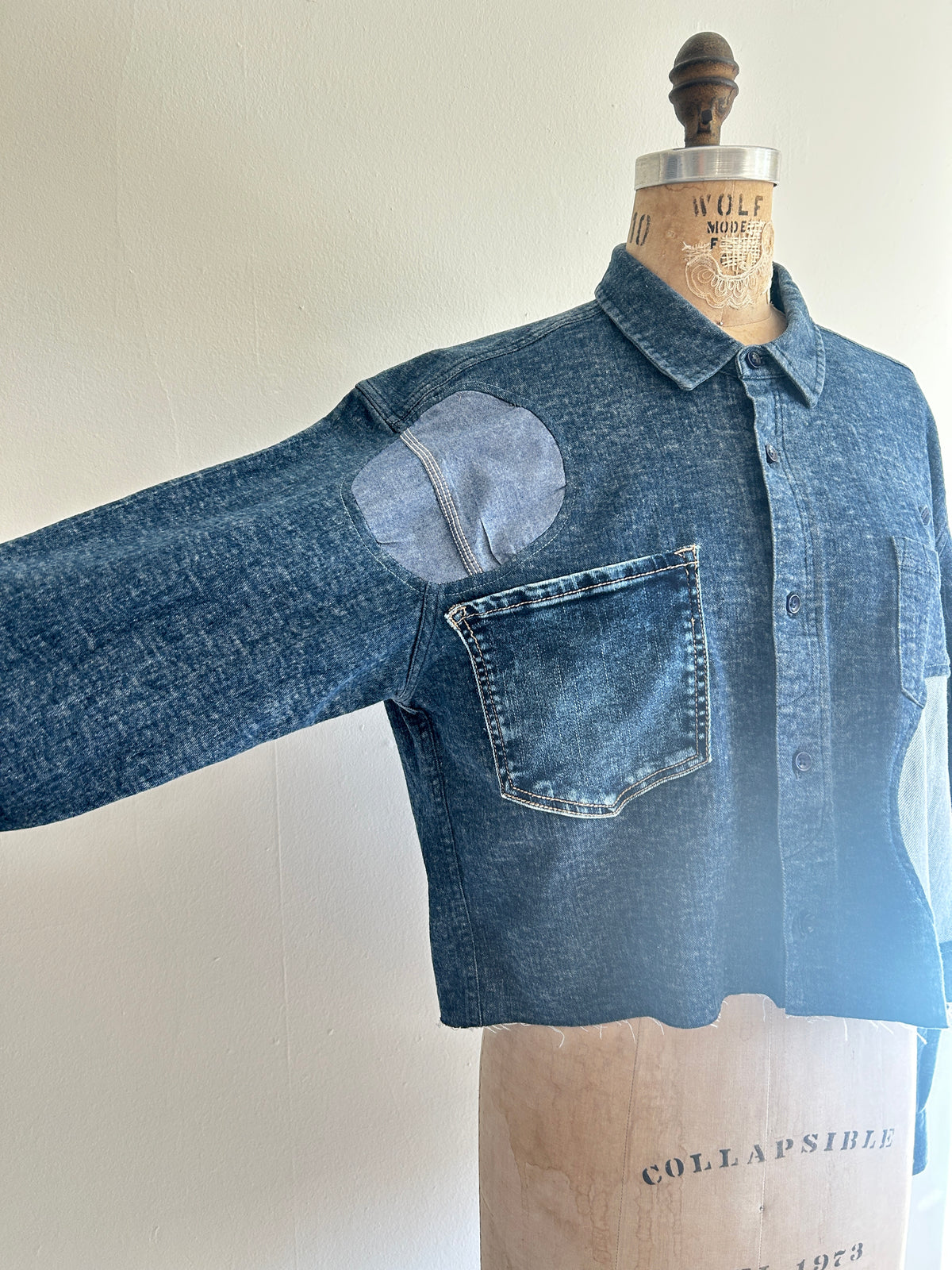 Upcycled Modern Workwear Cropped Denim Shirt - Circle Series Size L/XL #DENLXL2