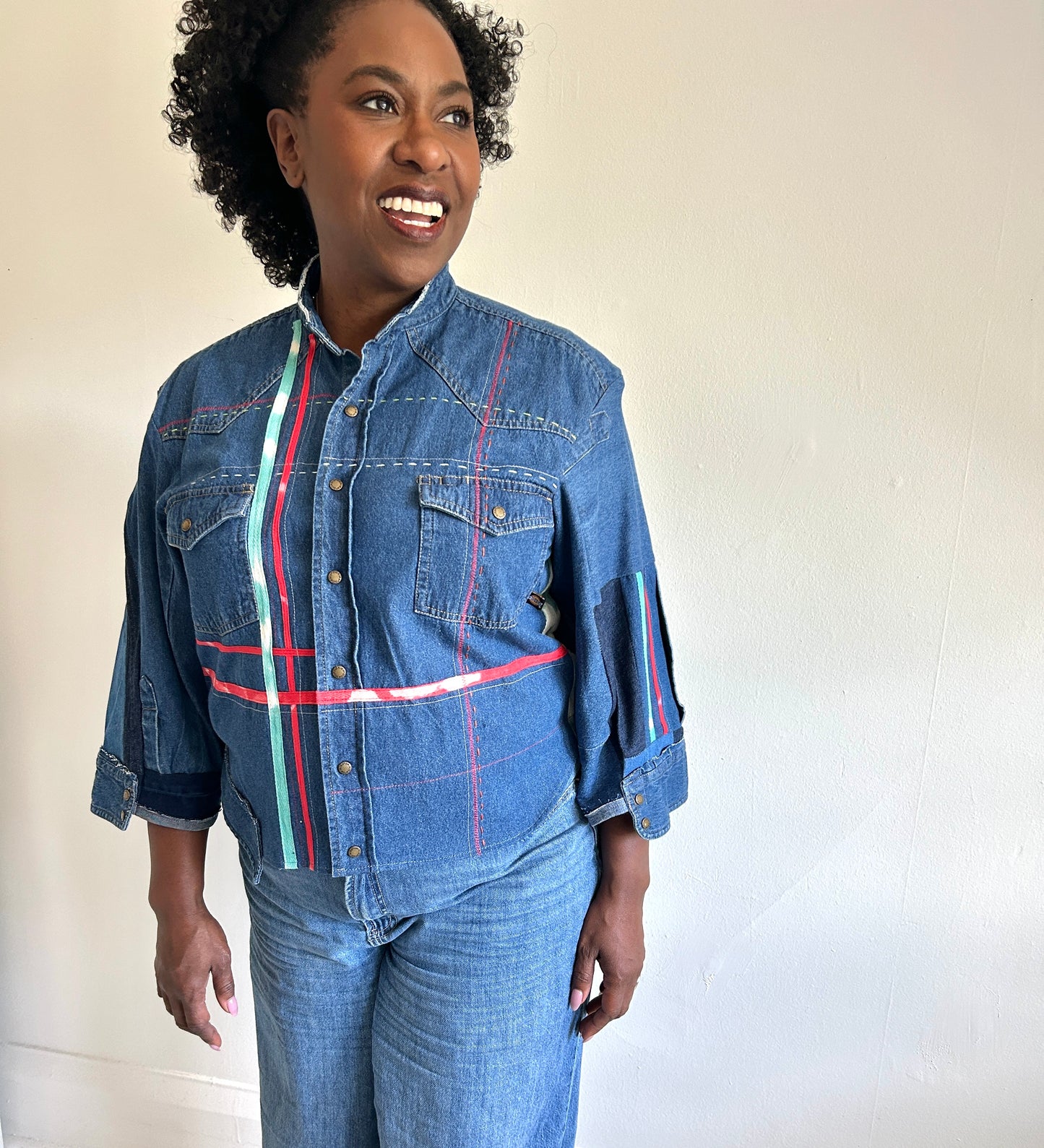 Ellis Reclaimed Patchwork Dickies Denim Shirt with Handstitching & Hand Dyed Twill Ribbon XL/2X #ELL10