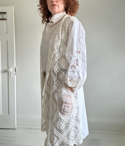 Vivianne Jacket with Upcycled Vintage Cut Lace Cotton & Crochet Boho Draperies & Crochet  Size M/L #CVCJML100