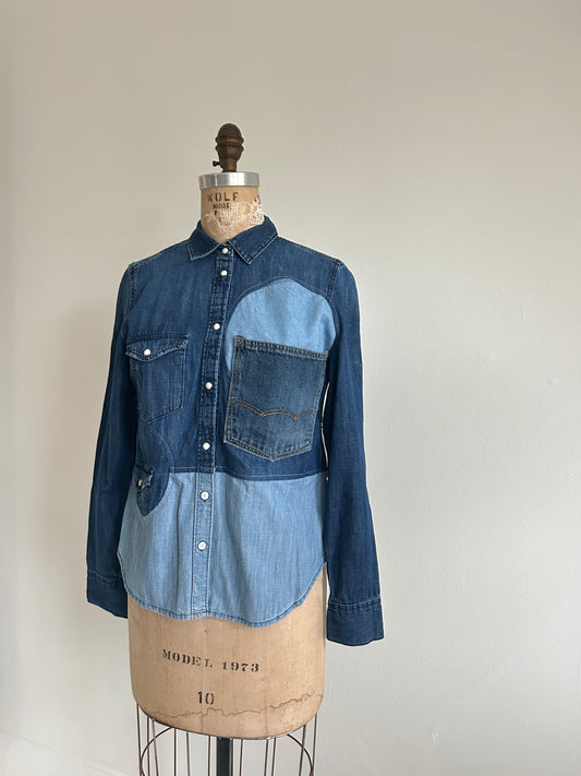 Upcycled Modern Workwear Denim Shirt - Circle Series Size XS/S #DBXSS4