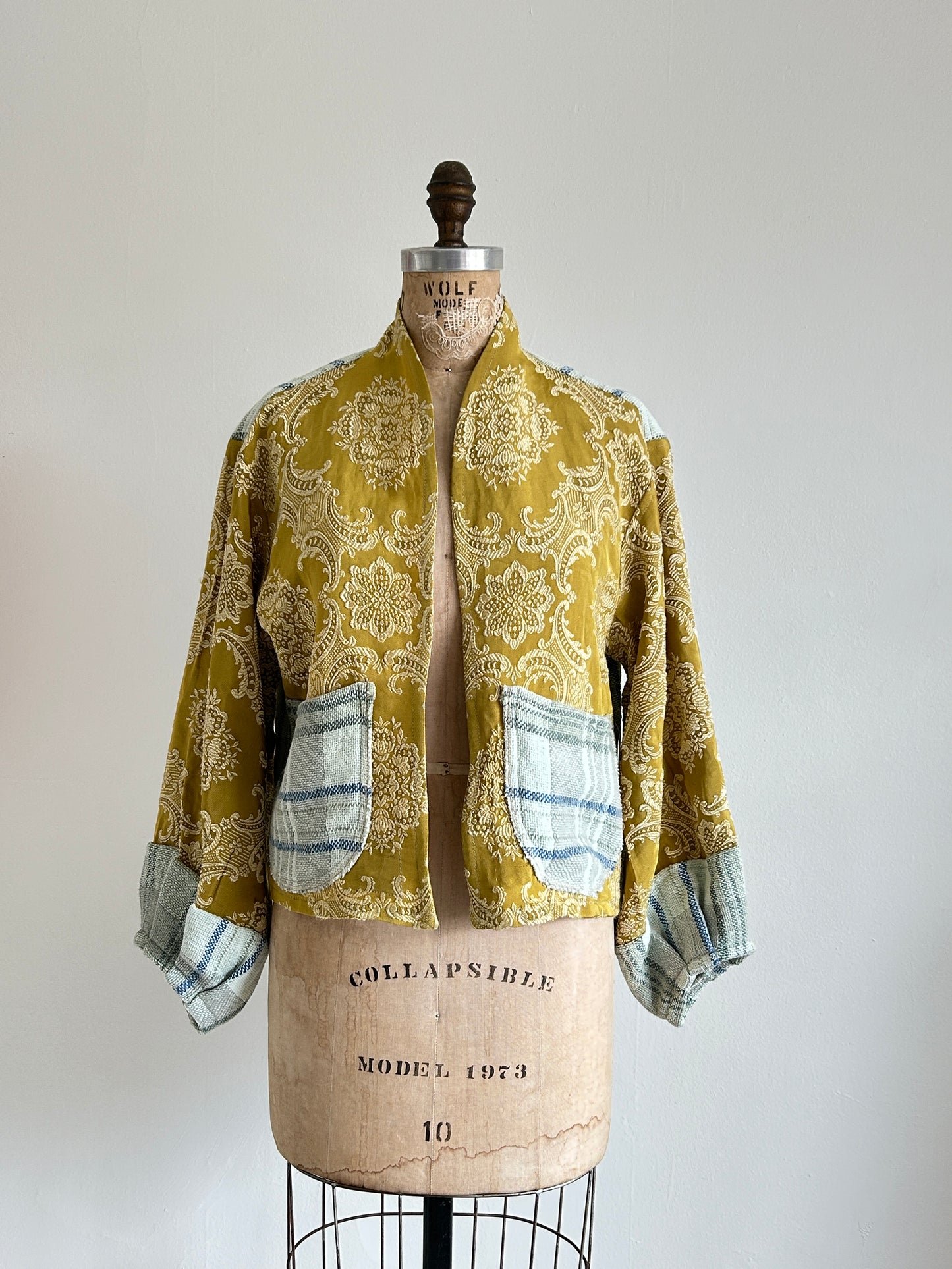 Vivianne Cropped Jacket with Upcycled Throw Blanket & Vintage Drapery Size S/M #VIVT1
