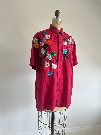 Vintage Silk Blouse with YoYo Quilt Appliqué Size M/L #YOYO3