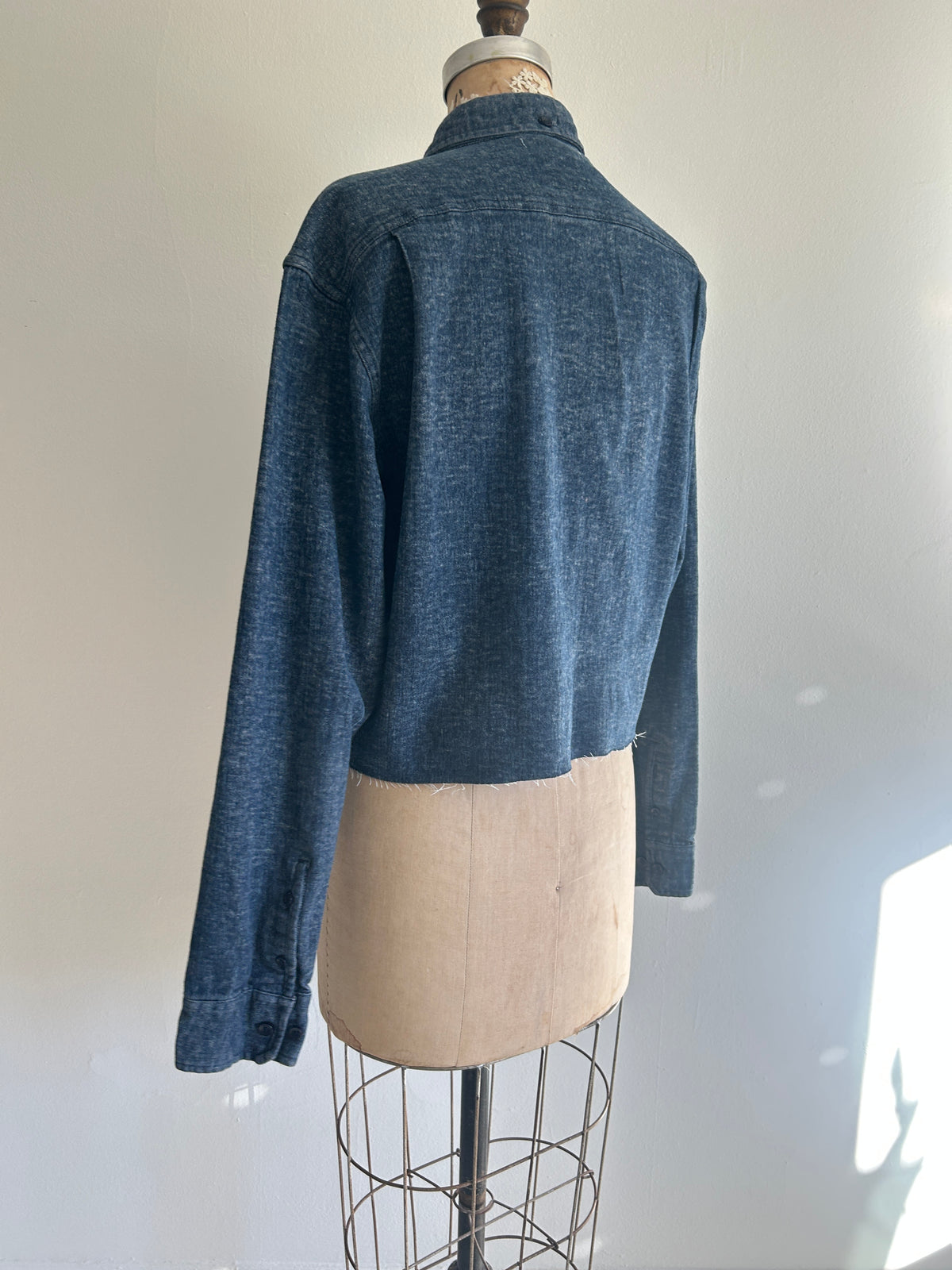 Upcycled Modern Workwear Cropped Denim Shirt - Circle Series Size L/XL #DENLXL2