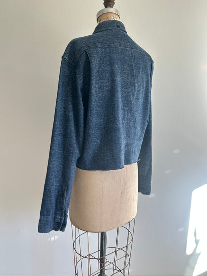 Upcycled Modern Workwear Cropped Denim Shirt - Circle Series Size L/XL #DENLXL2