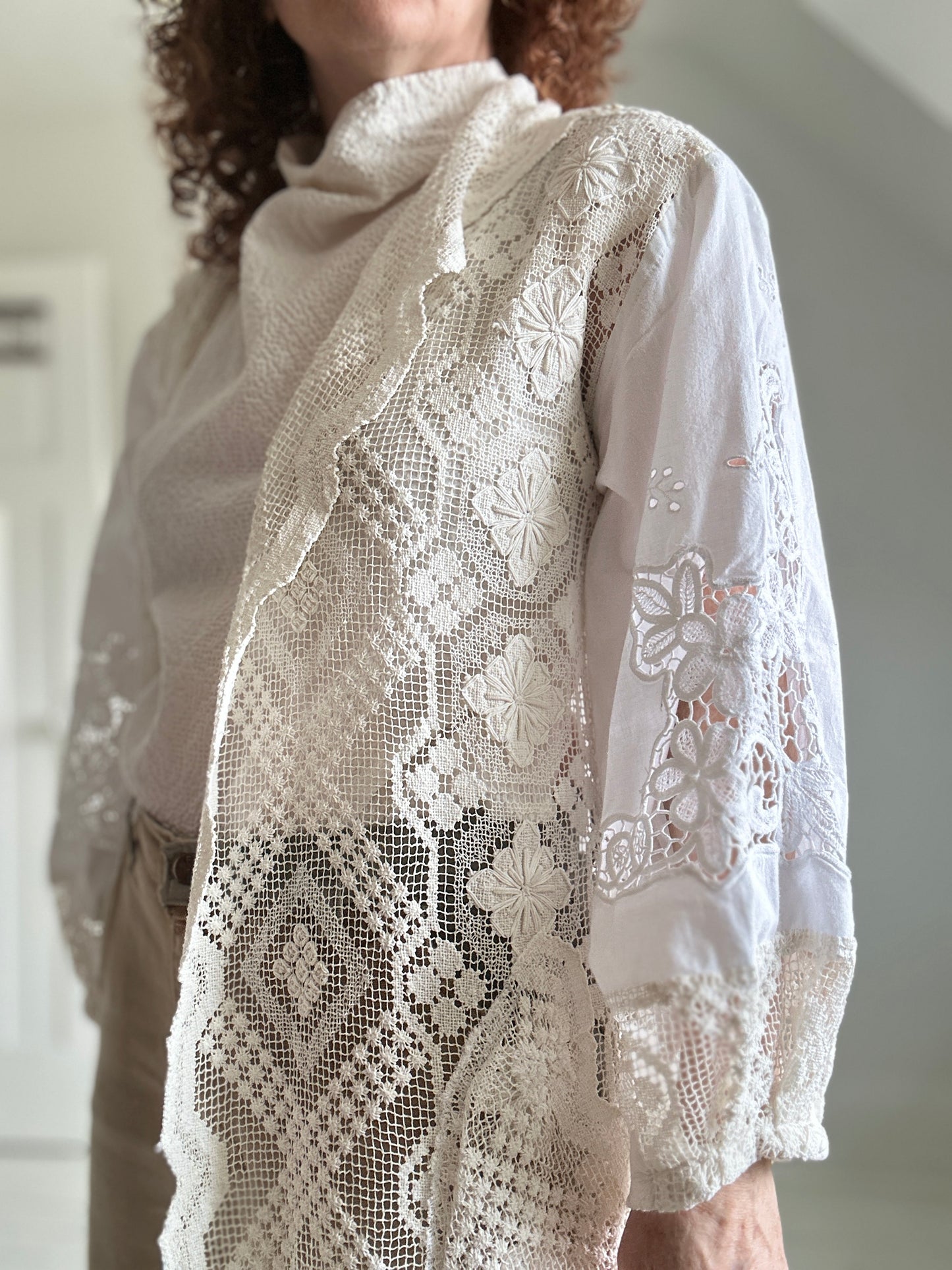 Vivianne Jacket with Upcycled Vintage Cut Lace Cotton & Crochet Boho Draperies & Crochet  Size M/L #CVCJML100